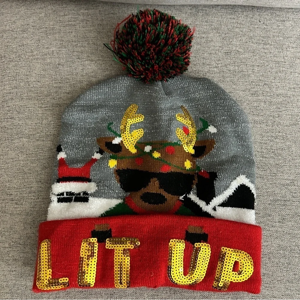 Lit Up Reindeer Christmas Beanie Hat Gray and Red Beanie
